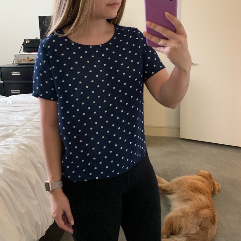 Short sleeve blue polka dot blouse